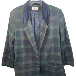 Alfred Dunner Blazer Plaid Green Blue Red Velvet Collar Vintage Jacket